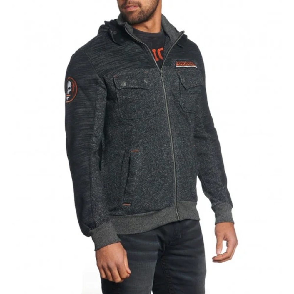 Affliction Black Premium Water Rock Fleece Hooded Jacket Size Large